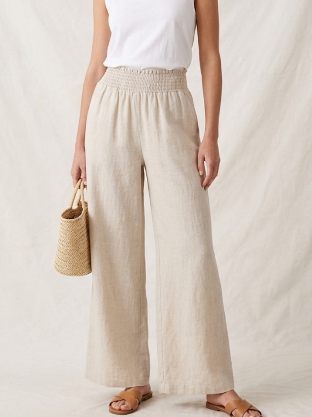 Pink Lily Linen Blend Wide Leg Pants Sz M Oatmeal Coastal Boho Summer Trouser